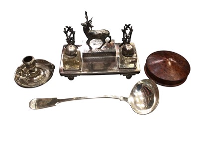 Lot 784 - Unusual silver plate inkstand together with a silver plated ladle with a crest, a plated chamberstick and a wooden box