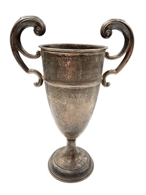 Lot 1036 - Large silver two handled horse riding trophy with presentation engraving for the Chigwell & West Essex Agricultural Society (Chester 1911), 35.5cm high