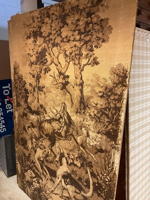 Lot 788 - Pair of Belgium tapestry panels depicting hounds surrounding a Stag with trees in the background