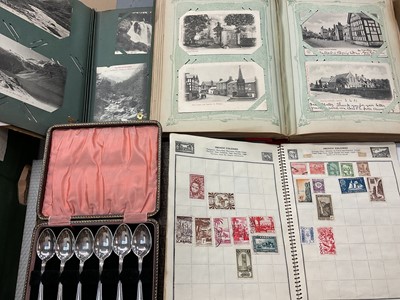 Lot 352 - Vintage postcard and stamp albums, together with plated cutlery sets