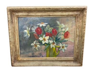 Lot 1274 - Louise Johnson (1918-2012) oil on board, still life of flowers, signed, 27 x 38cm, framed