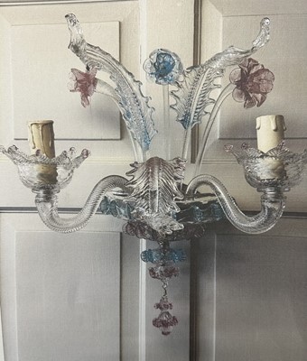 Lot 1284 - Pair vintage coloured crystal Murano wall sconces two branch with pink and blue