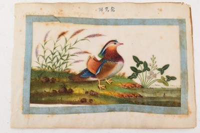 Lot 963 - 19th century Chinese rice paper painting of a duck painted by Youqua, Old Street No. 34 together with a framed set of three Chinese figures