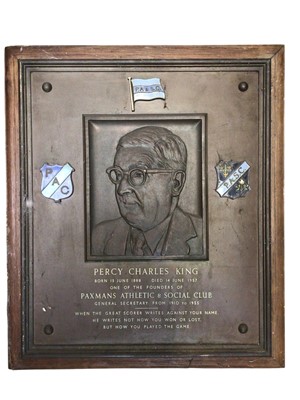 Lot 2971 - Colchester interest- Percy Charles King one of the founders of Paxman Athletic & Social Club metal memorial plaque on wooden mount