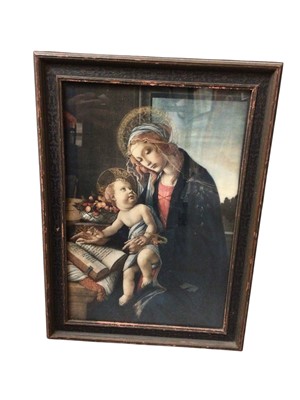 Lot 1291 - After Botticelli, Medici Society print of the Virgin and Child, dated 1912, with original paper labels to back