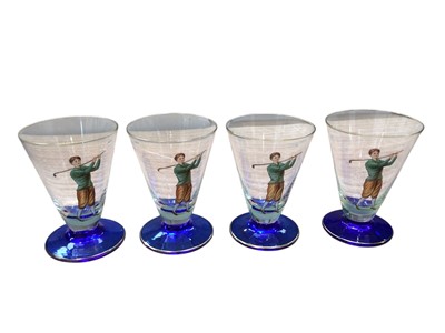 Lot 174 - Of golfing interest, four 1920s-1930s fine crystal conical glasses with blue feet & hand enamelled with ladies playing golf