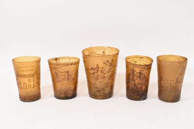 Lot 848 - Five late 18th century / early 19th century scrimshaw horn beakers