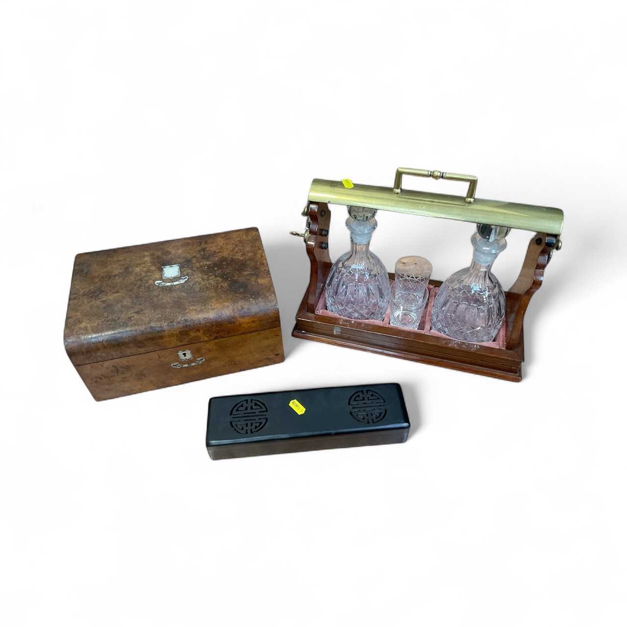 Lot 5094 - Edwardian two bottle tantalus and key with two glasses, together with a burr walnut box with mother of pearl inlay and an ebony and mother of pearl cased set of chopsticks