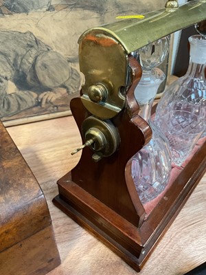 Lot 5094 - Edwardian two bottle tantalus and key with two glasses, together with a burr walnut box with mother of pearl inlay and an ebony and mother of pearl cased set of chopsticks