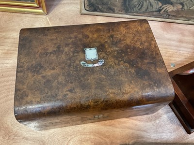 Lot 5094 - Edwardian two bottle tantalus and key with two glasses, together with a burr walnut box with mother of pearl inlay and an ebony and mother of pearl cased set of chopsticks