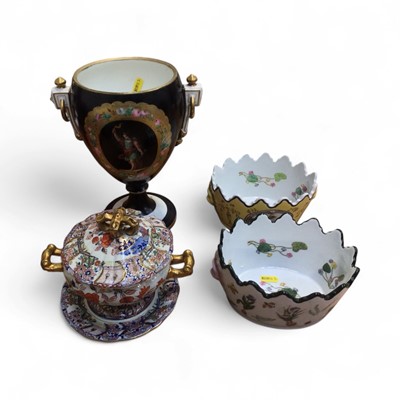 Lot 5035 - 19th century Mason's ironstone tureen, cover and stand with Imari style decoration, together with a 19th century French porcelain vase, and two Monteith jardinières (4)