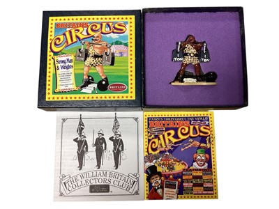 Lot 1834 - Britains Circus (c1998) Strong Man & Weights, 8668, Juggling Stilt Walker, 8670, Balancing Clown 8667 and Ringmaster & Billboard 8666, all boxed with outer boxes (4)