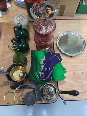 Lot 5038 - Pair of antique glass flasks together with a glass vase with lid, silver plate and others