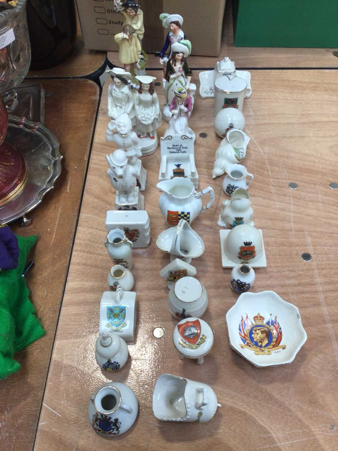 Lot 5039 - Group of Staffordshire figures together with crested ceramics