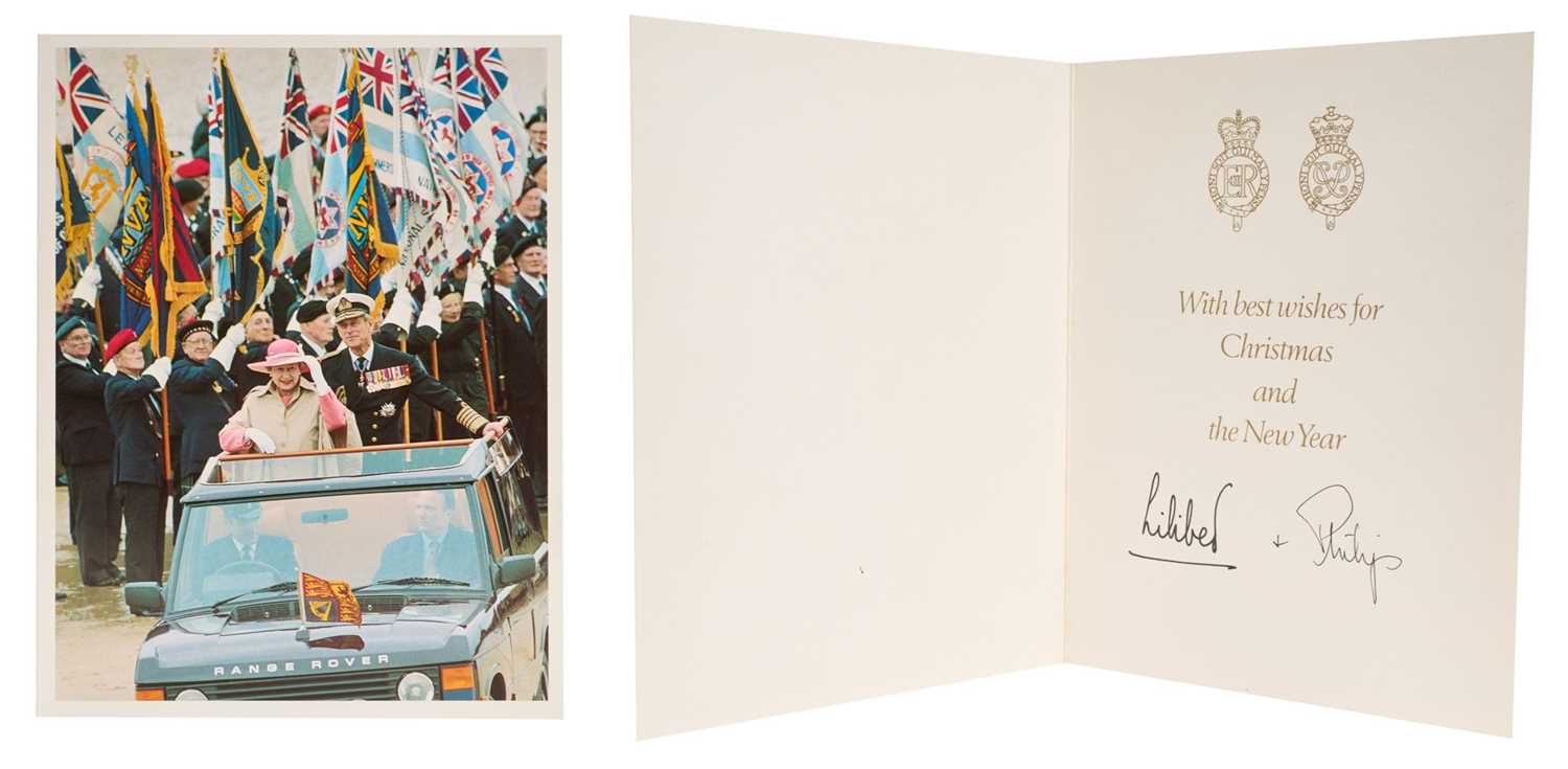 Lot 17 - H.M. Queen Elizabeth II and H.R.H. The Duke of Edinburgh, scarce hand-signed 1994 Christmas card with twin gilt embossed Royal cyphers to the interior, colour photograph of the Royal couple on...