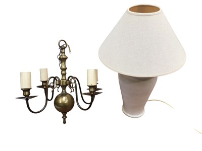 Lot 5044 - Brass four arm chandelier measuring approximately 36cm together with a porcelain lamp measuring approximately 44cm tall including shade