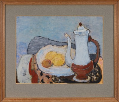 Lot 1916 - Pierre Grimm (1898-1979) mixed media on paper - Still Life with Coffee Pot, signed and dated '38, 31cm x 40cm, in glazed frame