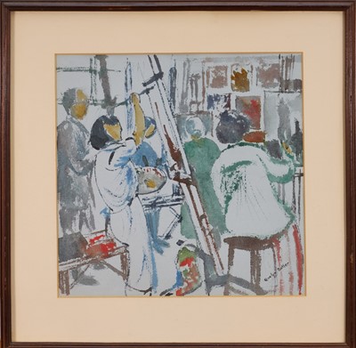 Lot 1917 - Evelyn Butler, contemporary, watercolour - The Art Class, signed, 32cm square, in glazed frame