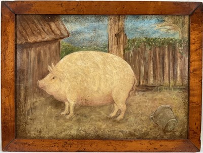 Lot 11 - English School, oil on canvas laid on panel - A Prize Pig, 31cm x 43cm, in burr maple veneered frame