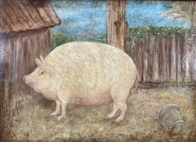 Lot 11 - English School, oil on canvas laid on panel - A Prize Pig, 31cm x 43cm, in burr maple veneered frame