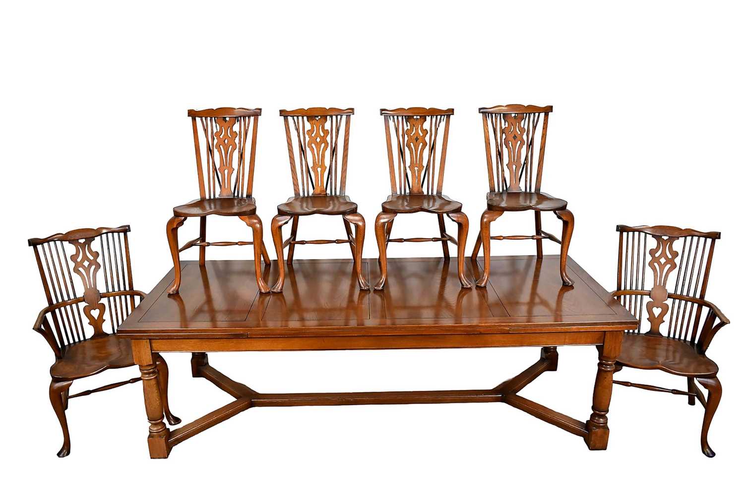Lot 1210 - Good quality 18th century style draw-leaf refectory table and en-suite set of fourteen chairs by Stewart Linford