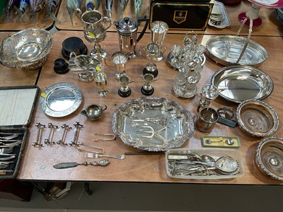Lot 5080 - Group of silver plate, including cruets, trophies, flatware, serving dishes, etc