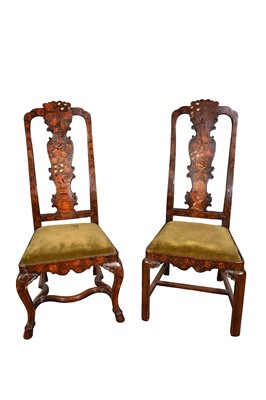 Lot 1218 - Near pair of 18th century Dutch marquetry side chairs