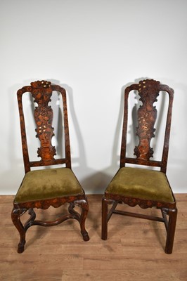 Lot 1218 - Near pair of 18th century Dutch marquetry side chairs