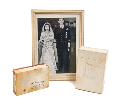 Lot 25 - The Wedding of H.R.H. The Princess Elizabeth to Lieutenant Philip Mountbatten R.N. 20th November 1947, scarce piece of Wedding cake .