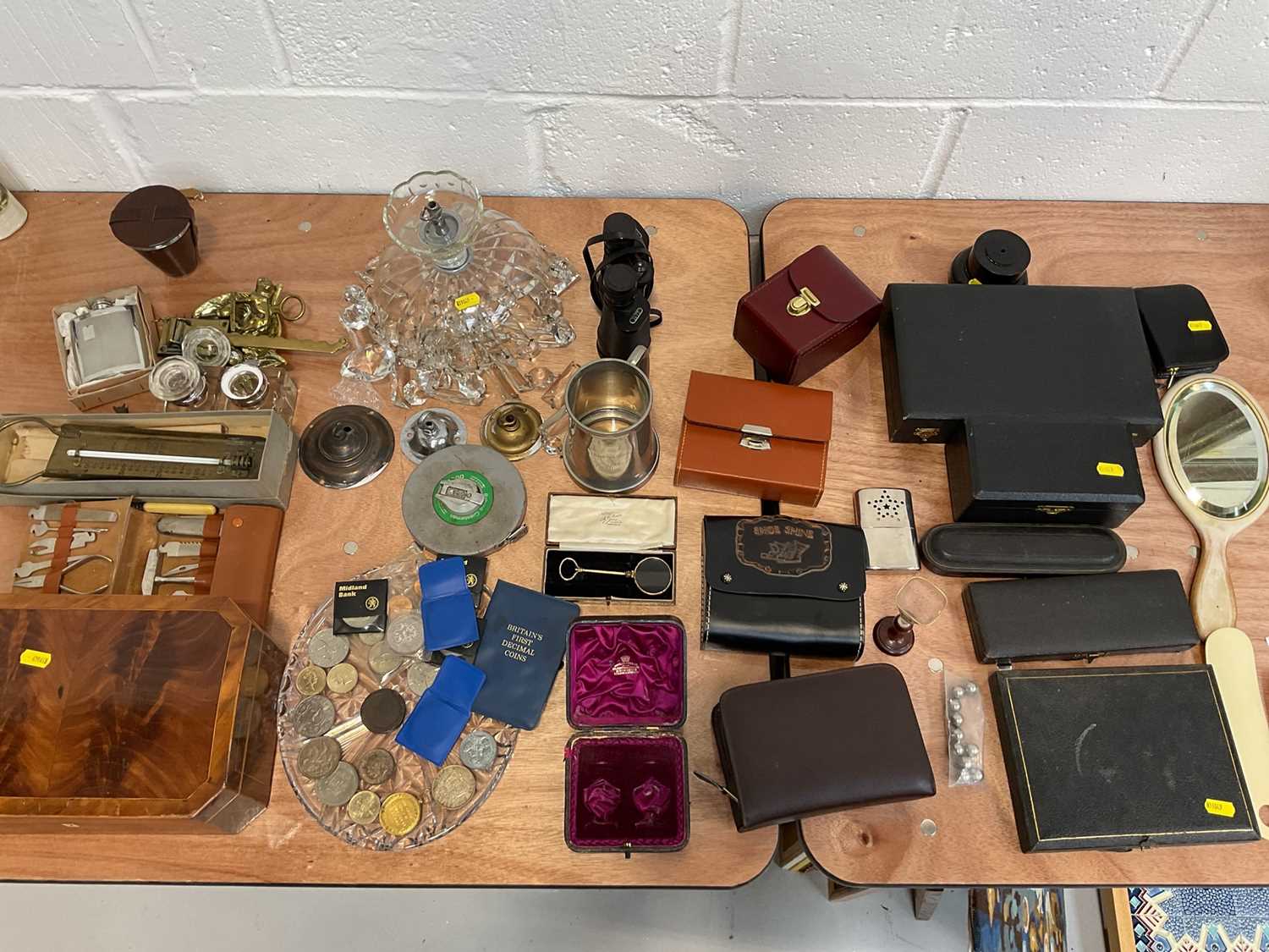 Lot 5088 - Sundry items, including a Victorian mahogany box, antique empty silver and cutlery boxes, coins, cut glass chandelier, etc