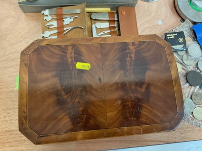 Lot 5088 - Sundry items, including a Victorian mahogany box, antique empty silver and cutlery boxes, coins, cut glass chandelier, etc