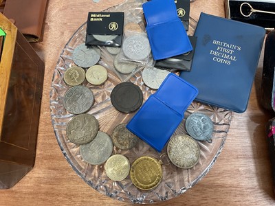Lot 5088 - Sundry items, including a Victorian mahogany box, antique empty silver and cutlery boxes, coins, cut glass chandelier, etc