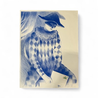 Lot 5141 - Adrian George (1944-2021), pastel portrait of a clown carrying a stamped envelope (George also designed stamps for the Post Office)