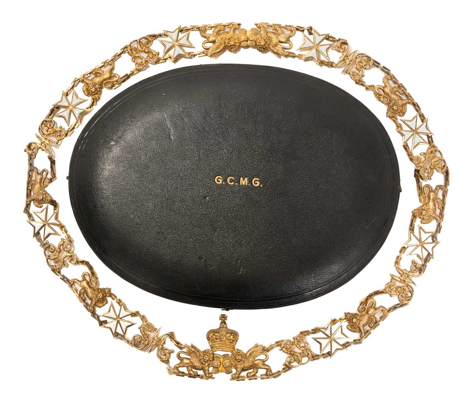 Lot 1 - The Most Distinguished Order of St. Michael and St. George, scarce early 20th century Knights Grand Cross (GCMG) Collar chain. The fine quality silver gilt and white enamel chain formed of alte...