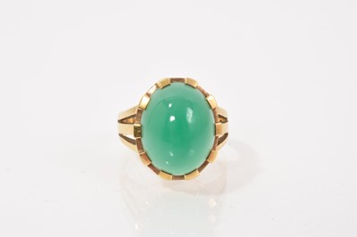 Lot 644 - Green cabochon ring in claw setting with split shoulders on yellow metal shank (stamped 750)