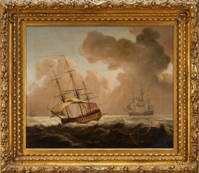Lot 1028 - Attributed to John Thomas Serres (1759-1825) oil on canvas - Naval Frigates at Sea, 50cm x 60cm, in gilt frame Provenance: Daniel Hunt Fine Art