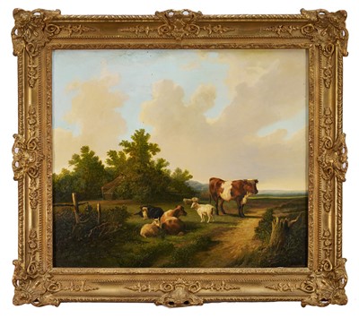 Lot 1036 - Andre De Moller (b.1942) oil on canvas - Livestock in an Arcadian Landscape, 60cm x 70cm, in gilt frame