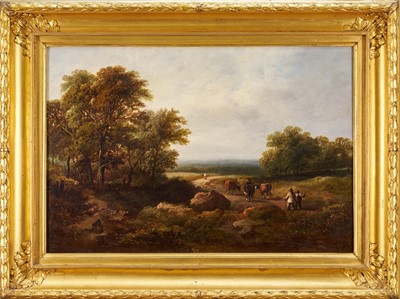 Lot 1039 - English School, 19th century, oil on canvas - figures and cattle in an extensive landscape, 32.5cm x 48.5cm, in gilt frame Provenance: Collection of the Late Jane Sumner