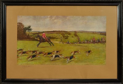 Lot 5191 - Cecil Aldin signed hunting print - South Dorset Hunt, 55.5cm x 85cm, in glazed frame
