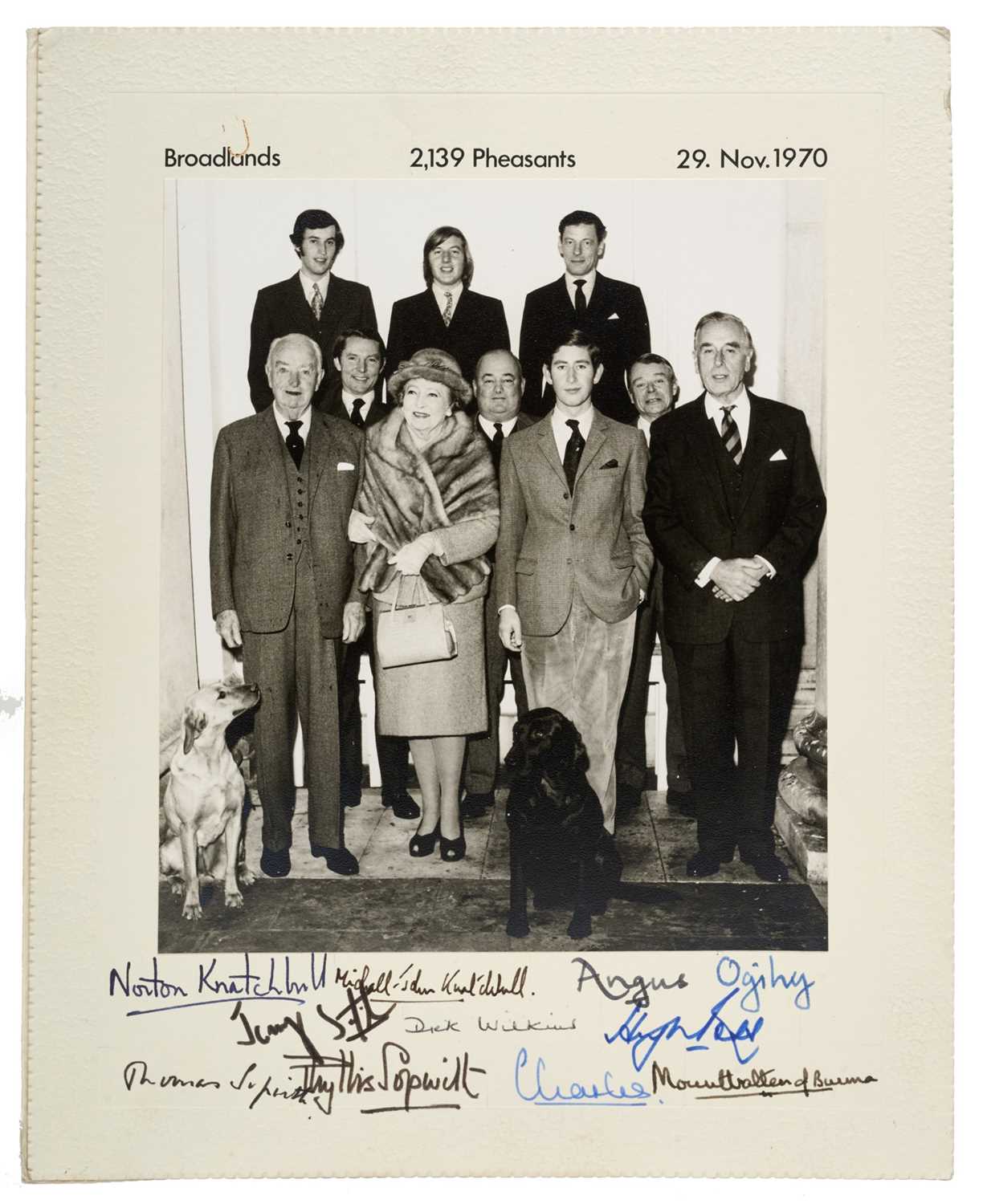 Lot 42 - H.R.H. Prince Charles The Prince of Wales, Lord Mountbatten of Burma, The Hon. Angus Ogilvy and others, fascinating signed photograph of the members of a shoot at Broadlands