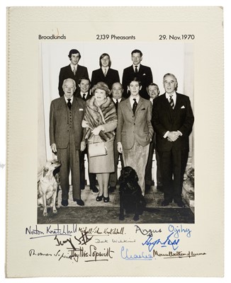 Lot 42 - H.R.H. Prince Charles The Prince of Wales, Lord Mountbatten of Burma, The Hon. Angus Ogilvy and others, fascinating signed photograph of the members of a shoot at Broadlands