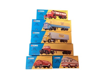 Lot 1847 - Corgi Classics 40th Anniversary diecast models Scammell Highwayman & trailer 16401AEC Refrigerated Box Trailer 21401, Scammell Highwayman & Tanker Trailer 16302, Leyland Beaver Box Trail...