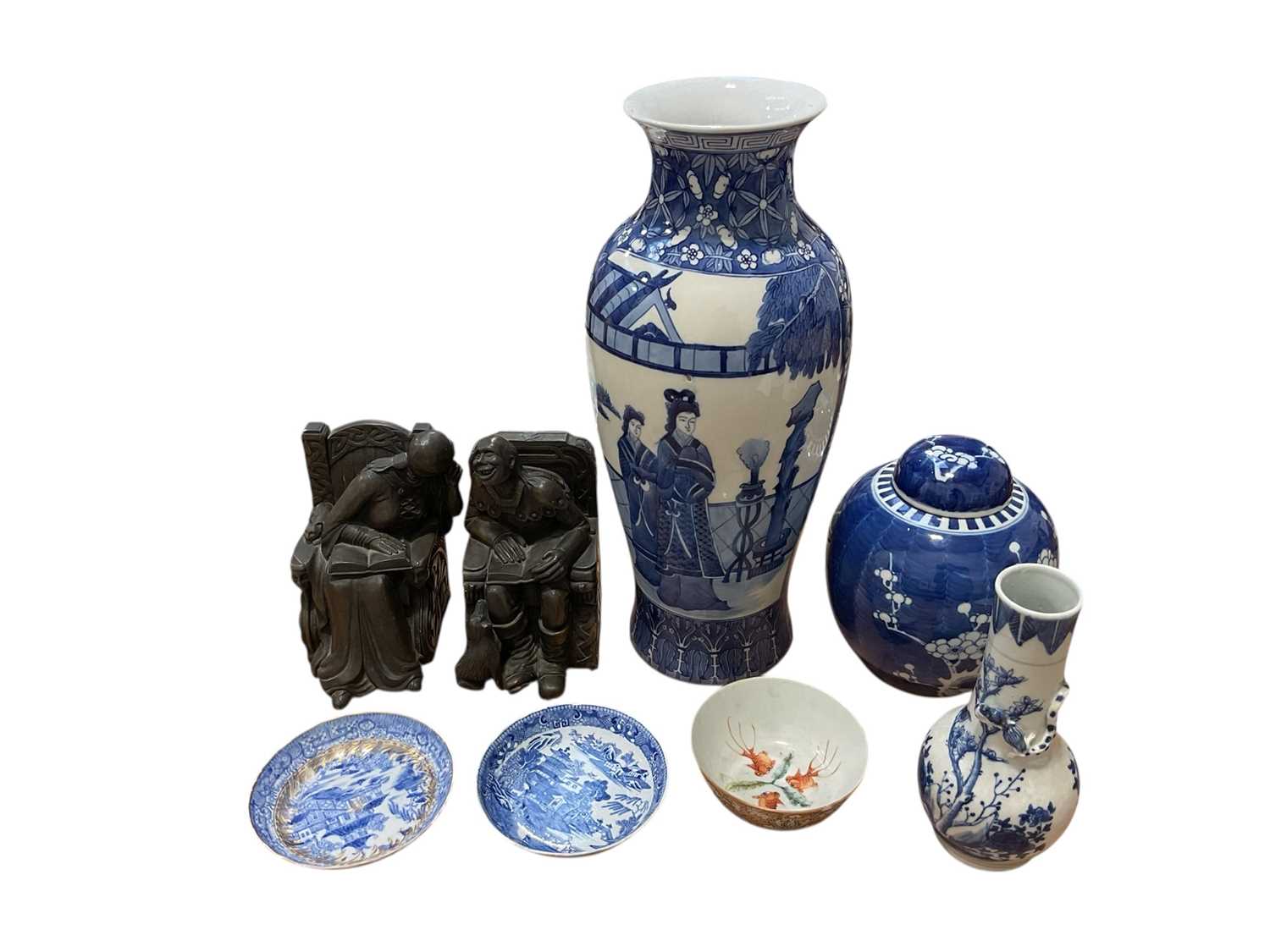 Lot 5083 - A mixed group of ceramics to include a 19th century Chinese blue and white bottle vase, a prunus vase etc, together with two modern bookends