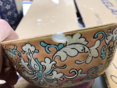 Lot 5083 - A mixed group of ceramics to include a 19th century Chinese blue and white bottle vase, a prunus vase etc, together with two modern bookends