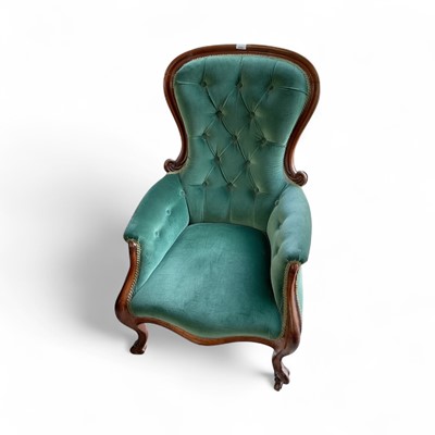 Lot 5390 - Victorian green upholstered armchair, with mahogany frame