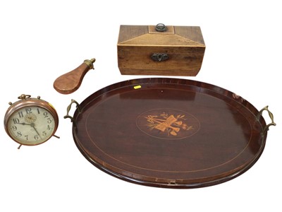 Lot 5109 - Edwardian inlaid mahogany tray, tea caddy, copper powder flask and alarm clock