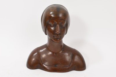 Lot 978 - Early 20th century Art French bronze bust, of a serene girl wearing a snood, unsigned, 22cm high