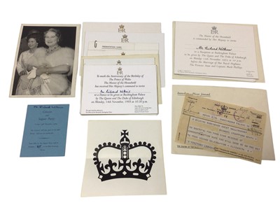 Lot 45 - Collection of 1970s Royal ephemera including photographs of H.M. Queen Elizabeth The Queen Mother, invitations to private functions and dinner with the Royal family including car passes , a lette...