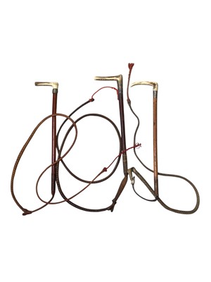 Lot 5112 - Three hunting whips with bone handles, two with silver rims and one with a wire rim