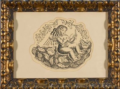 Lot 1079 - John Austen (1886-1948) pen and ink illustration - Aphrodite with broken arrow, signed, 20cm x 23cm, in shaped mount and glazed gilt frame
